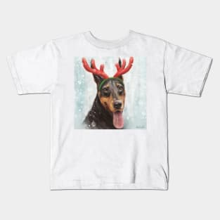 Painting of a Doberman with a Reindeer Headpiece Costume Kids T-Shirt